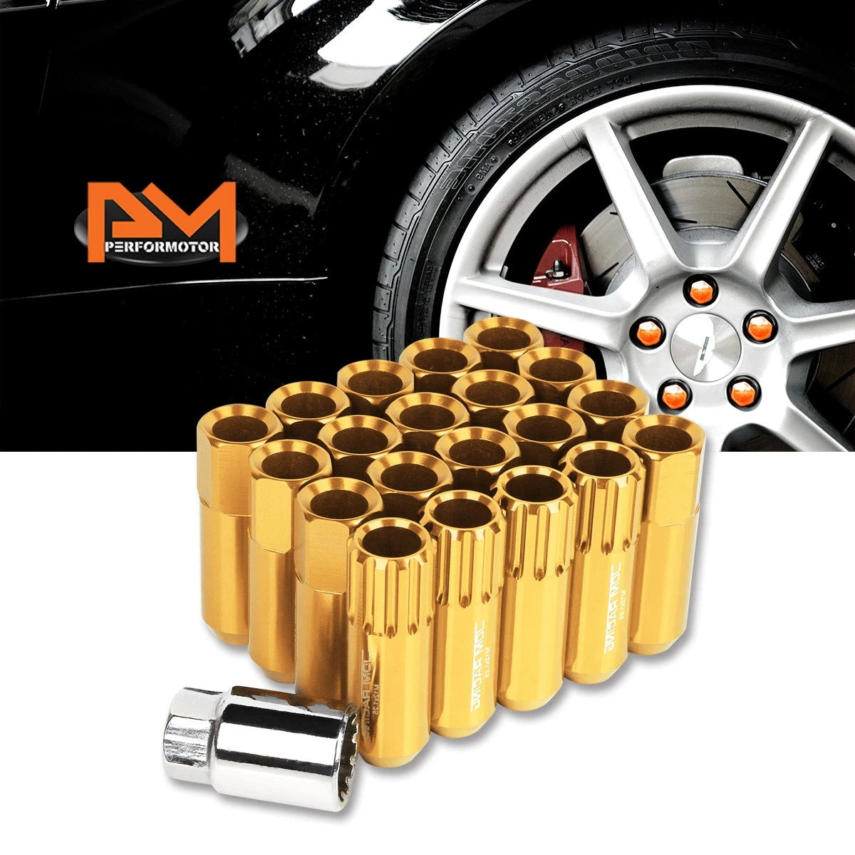 Set of 20 M12X1.25 Gold JDM Open End Aluminum Hex Lug Nuts + Spline Locks