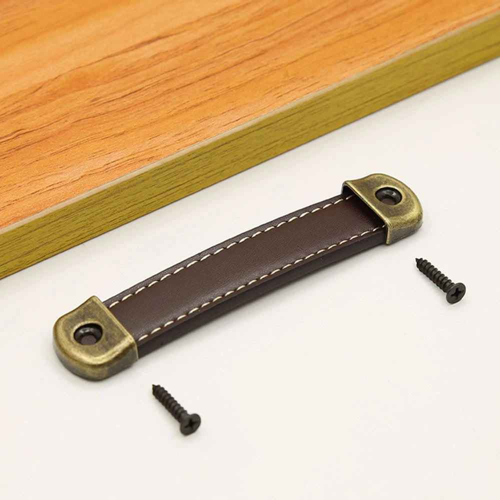 2Pcs Antique Leather Door Pull Handle for Cabinet Bookcase Drawer