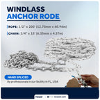 Windlass Anchor Rode 1/2"x200' Nylon Rope & 1/4"x15' Galvanized Chain