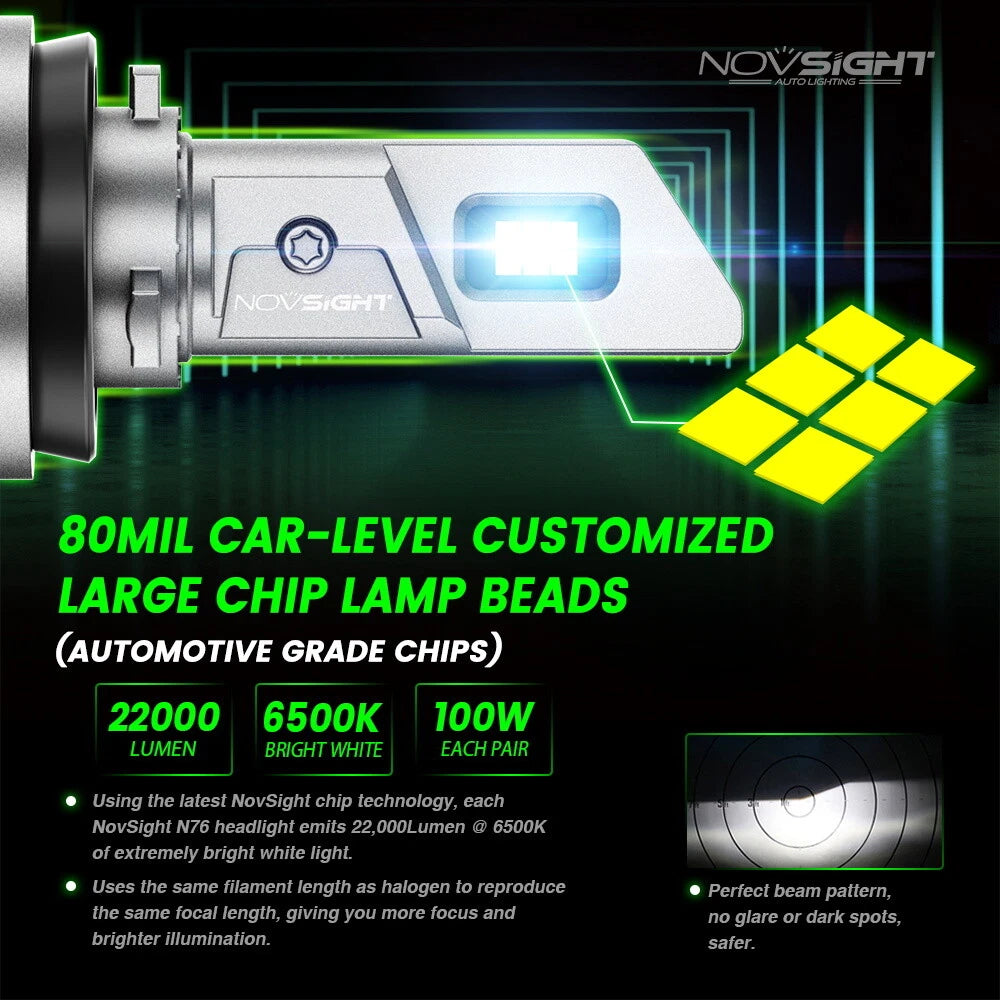 2X H11 H8 H9 LED Headlight Bulbs for NOVSIGHT (22000LM, 6500K, 100W)