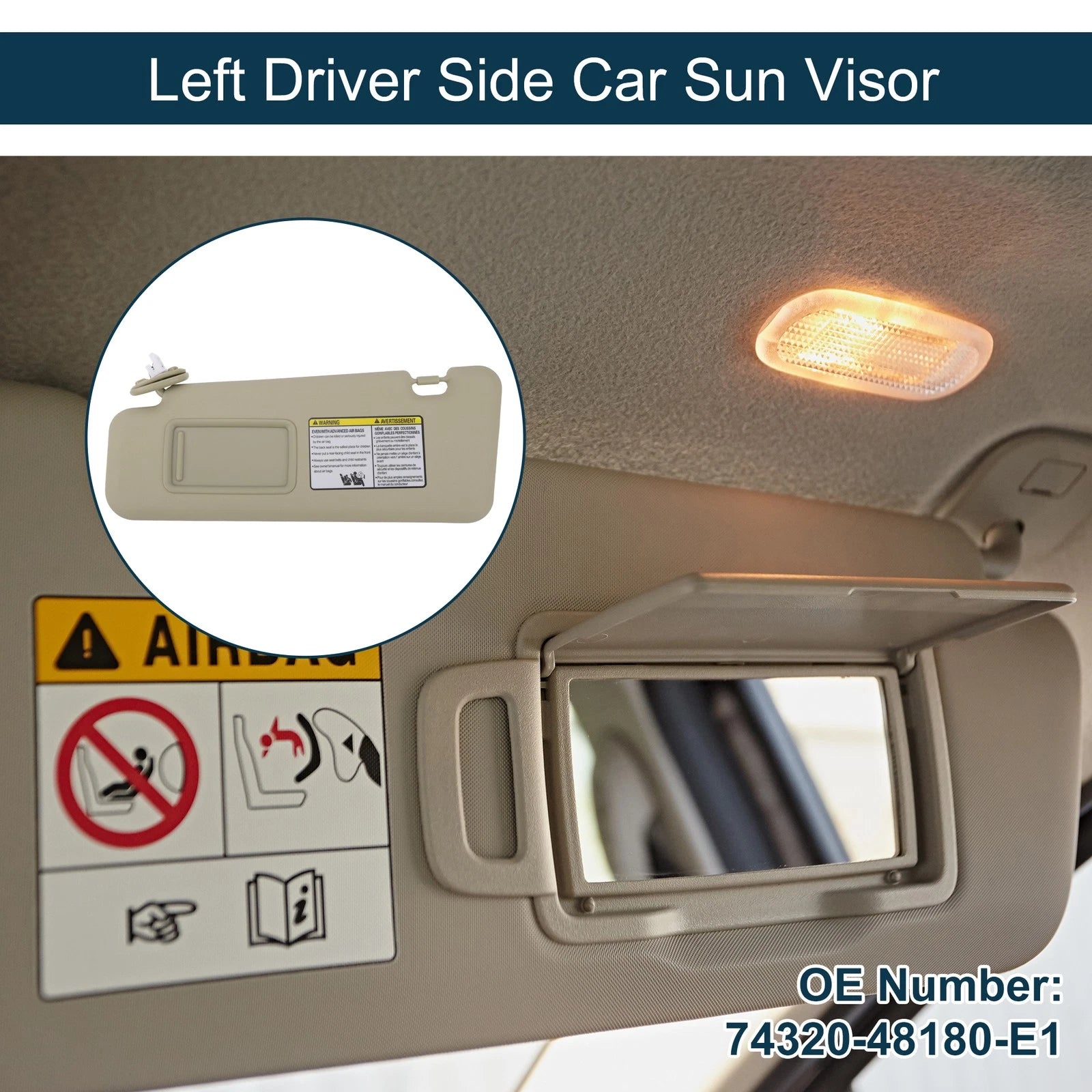 Left Driver Side Sun Visor w/ Mirror for Toyota Highlander (2014–2019) No.74320-48180-E1