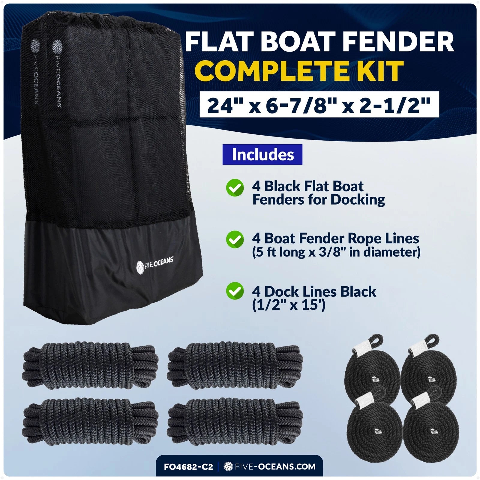 4-Pack Black Flat Boat Fender Kit 24" x 6-7/8" x 2-1/2"