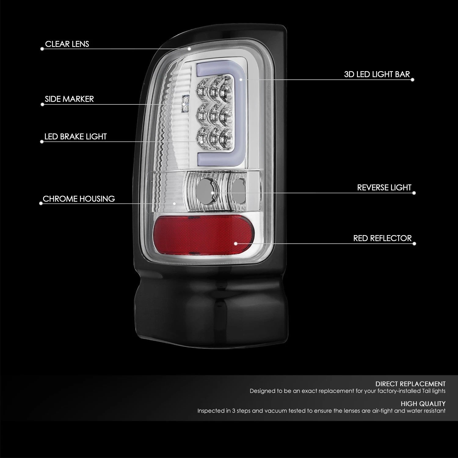 LED C-Tube Tail Brake Light Lamps for Dodge Ram 1500 2500 3500 (1994–2002)