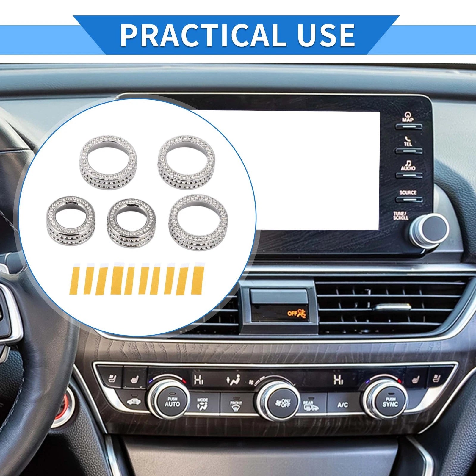 Set of 5 AC Media Tune Switch Knob Cover Ring for Honda Accord (2018–2022) Silver Tone