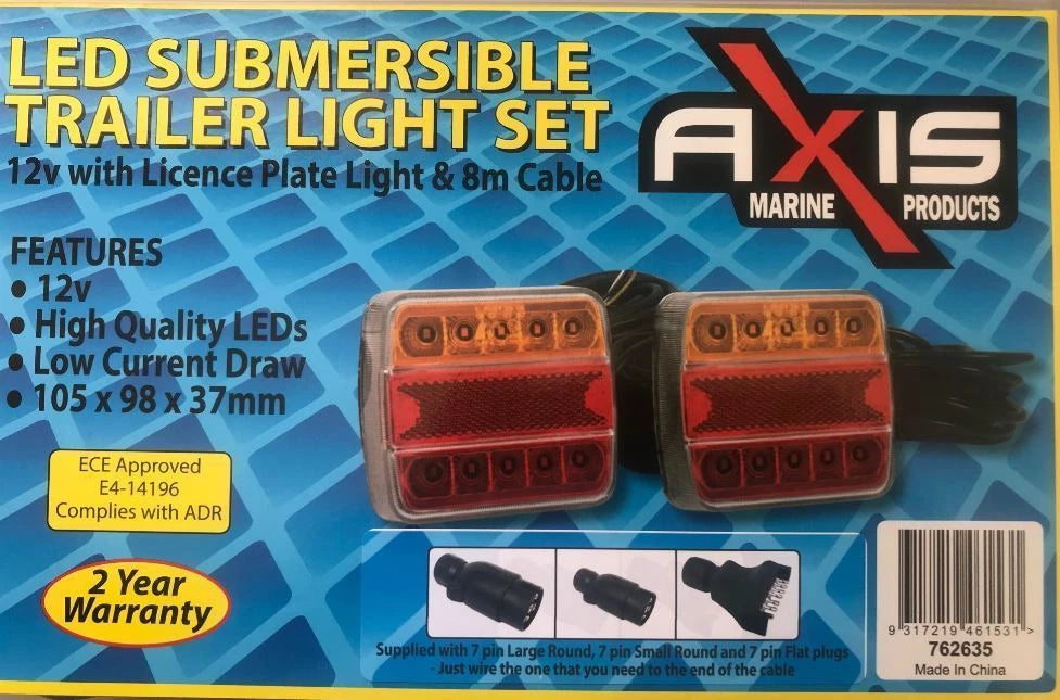LED Trailer Light Set for Submersible Use with 12V 8m Cable and 3 Plugs