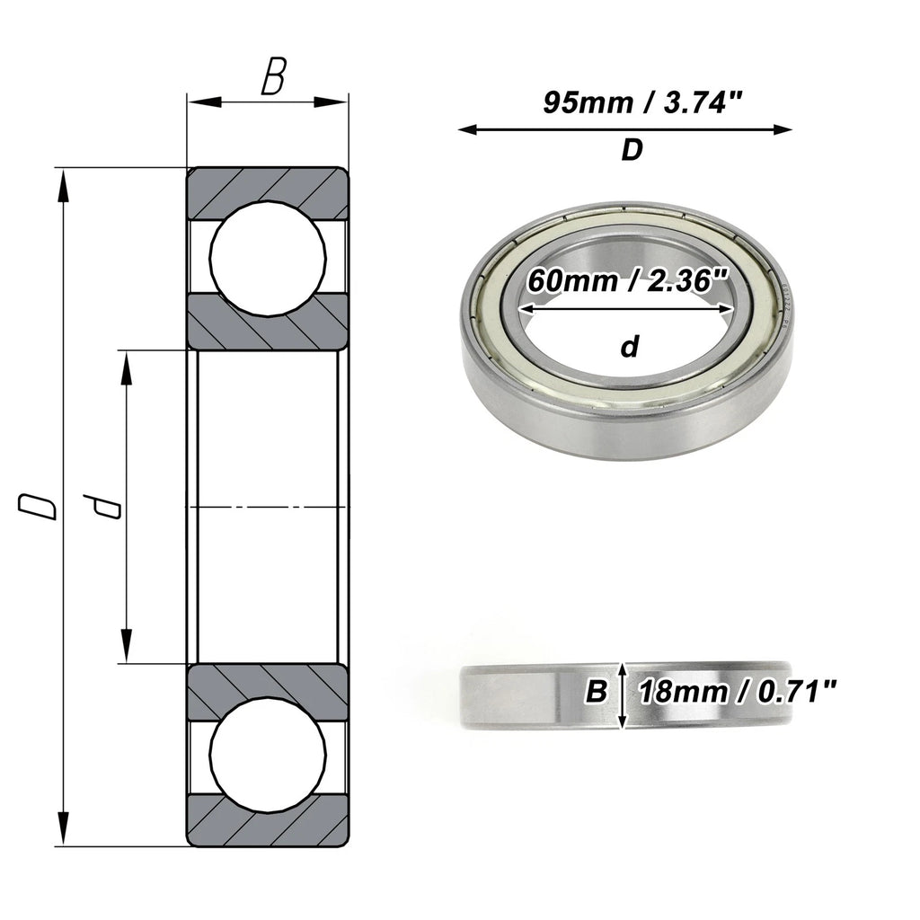 6012ZZ Deep Groove Ball Bearing for Scooter Skateboard Wheel (60x95x18mm)