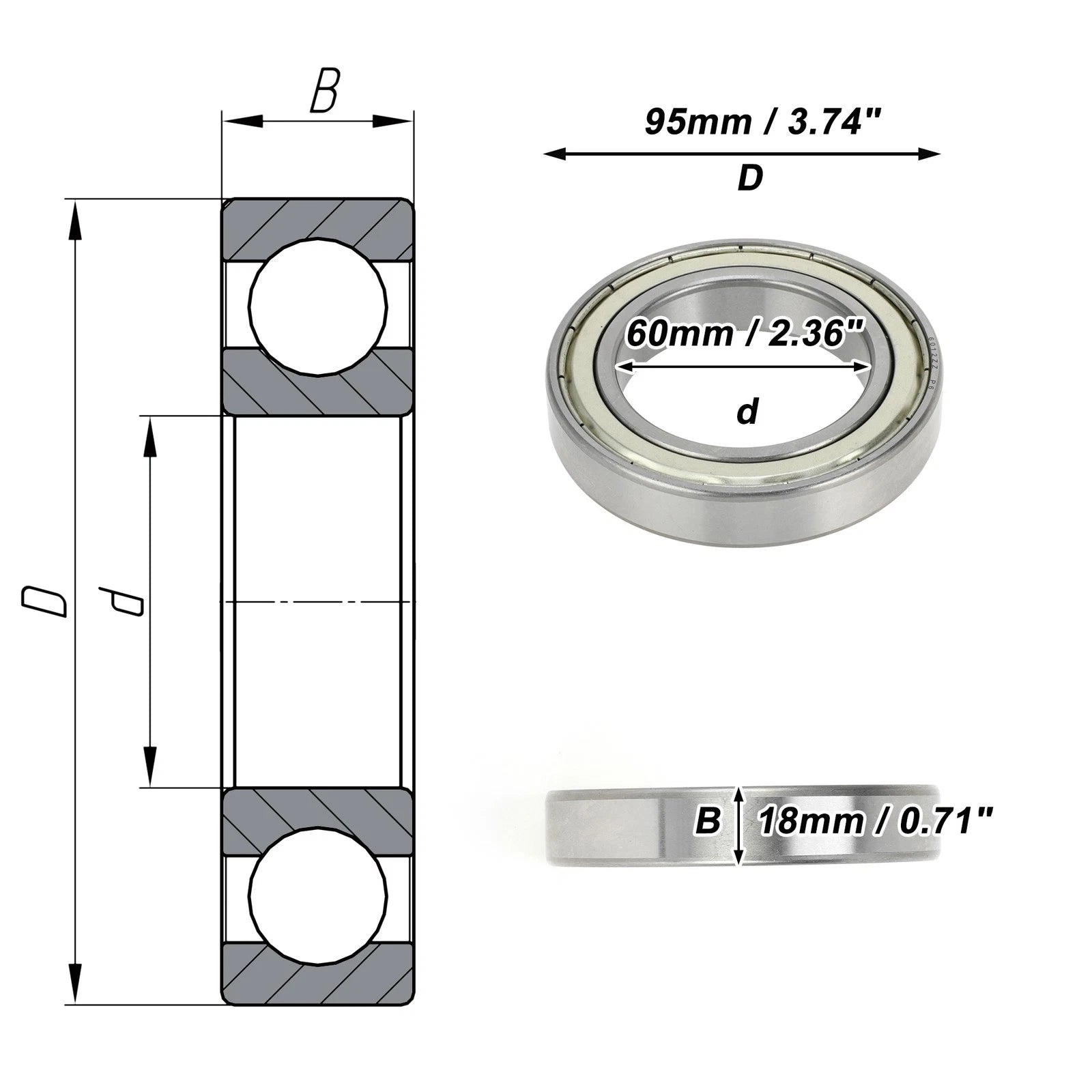 6012ZZ Deep Groove Ball Bearing for Scooter Skateboard Wheel (60x95x18mm)