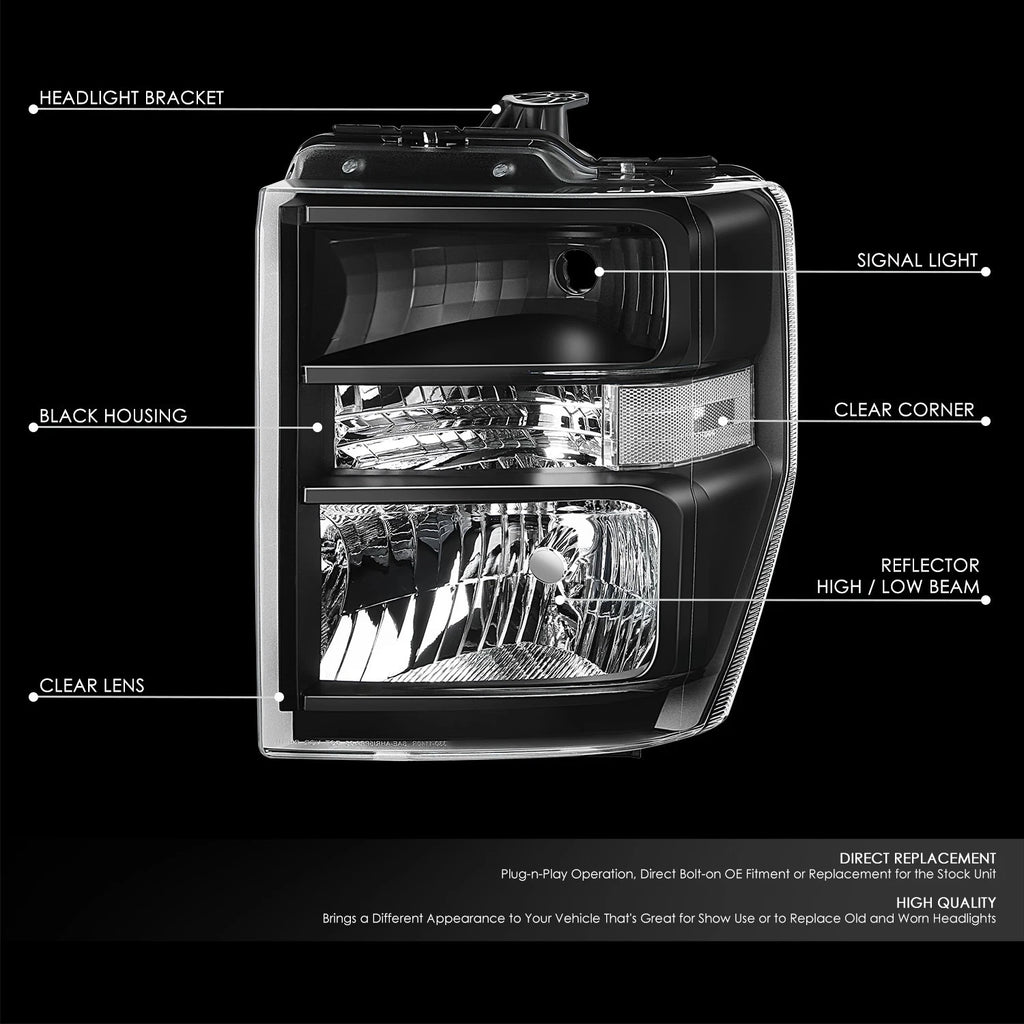 Headlight for Ford E-150-750 Super Duty (2008–2021) OE Style Black Housing Clear Lens