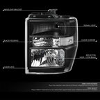 Headlight for Ford E-150-750 Super Duty (2008–2021) OE Style Black Housing Clear Lens