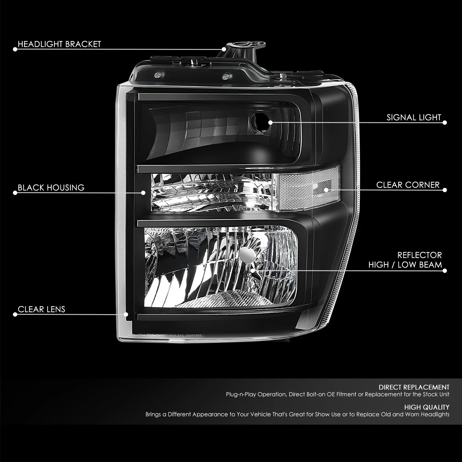 Headlight for Ford E-150-750 Super Duty (2008–2021) OE Style Black Housing Clear Lens