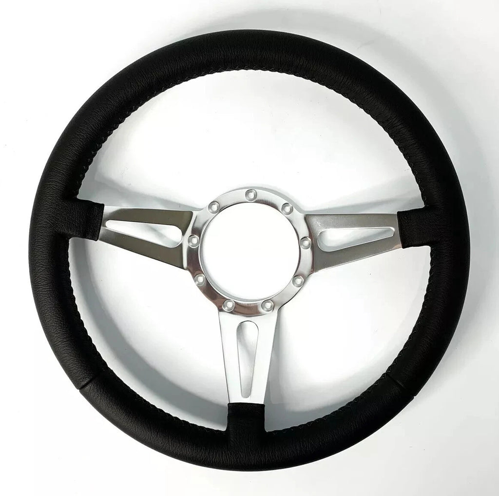 14 Inch Slotted Steering Wheel 3 Spoke Black Leather Grip for Universal (9 Hole)