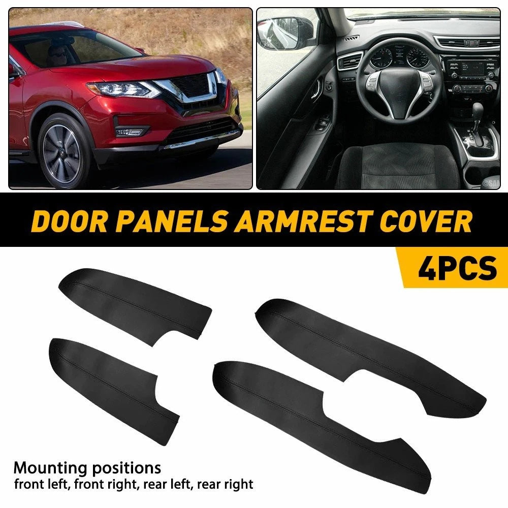 Set of 4 Black Leather Door Armrest Panels Cover Trim for Nissan Rogue (2014–2020)
