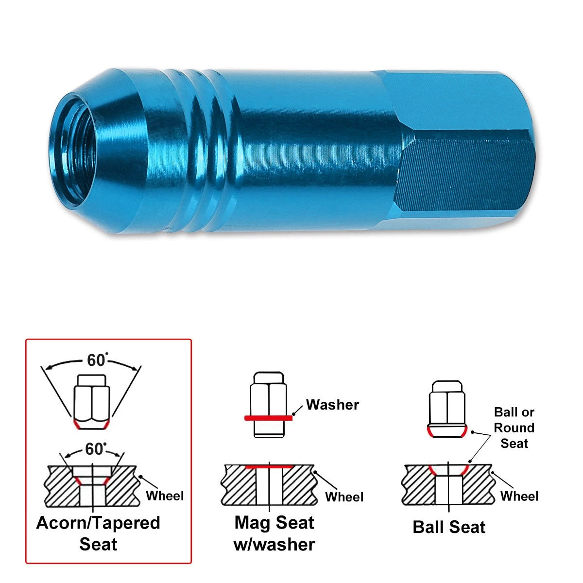 20Pc M12X1.25 Sky Blue JDM Open End Conical Wheel Lug Nuts + Extension 20mm