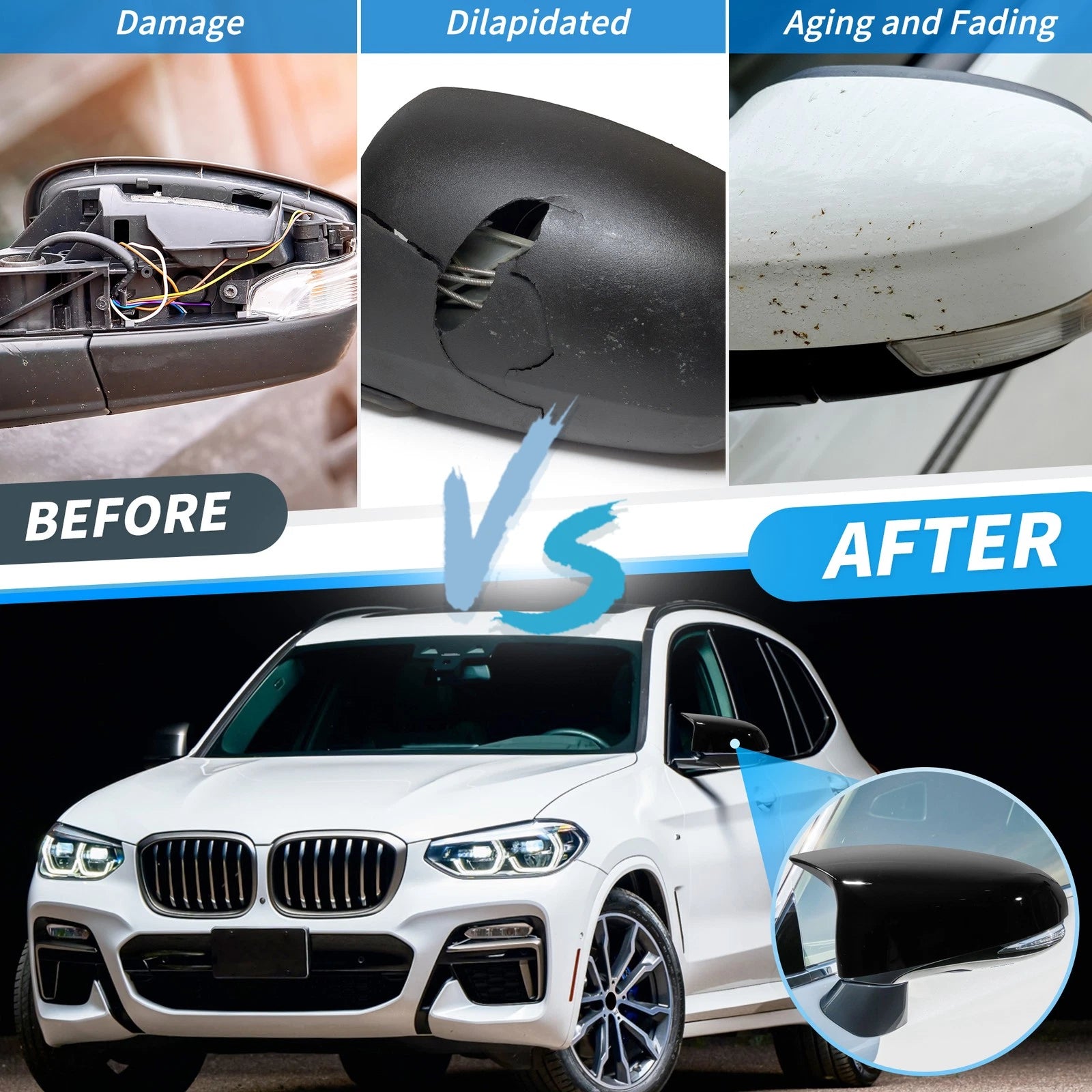 1 Pair Gloss Black Side Mirror Cover Cap for BMW X3 G01 X4 G02 X5 (2017–2024)