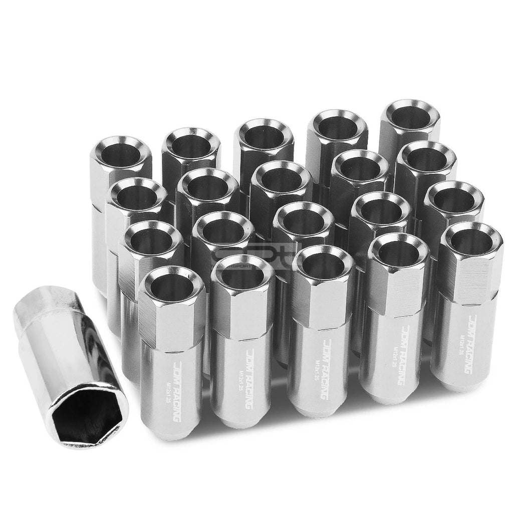 20x Open End M12x1.25 60mm Tall Silver Hexagon Lug Nuts + Adapter