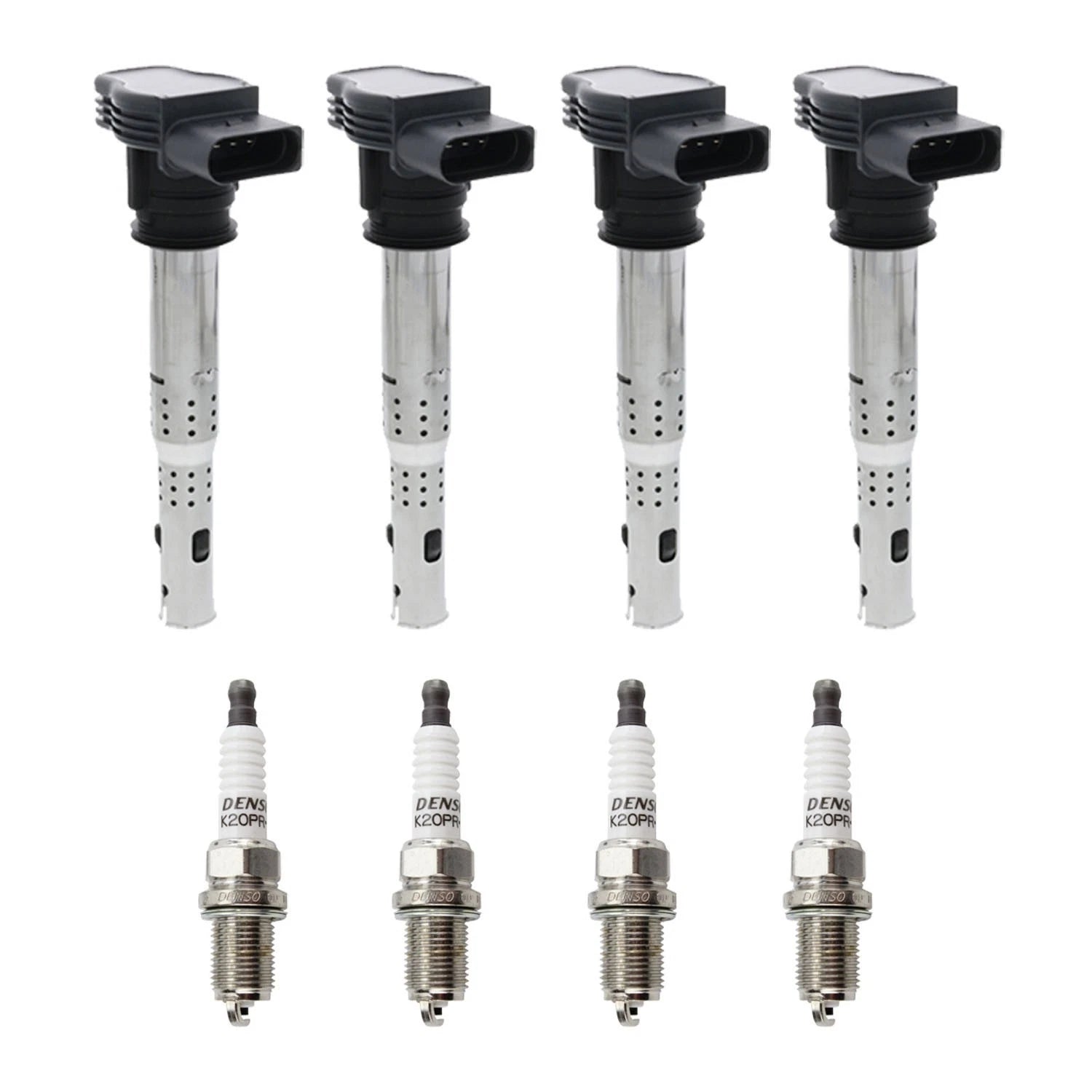 Set of 4 Ignition Coils & Denso U-Groove Spark Plugs for Audi Volkswagen 2.0L