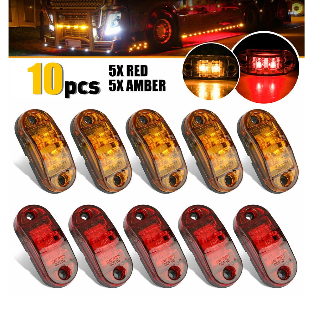 10PCS Amber Red LED Side Marker Lights for Truck Trailer (Oval)