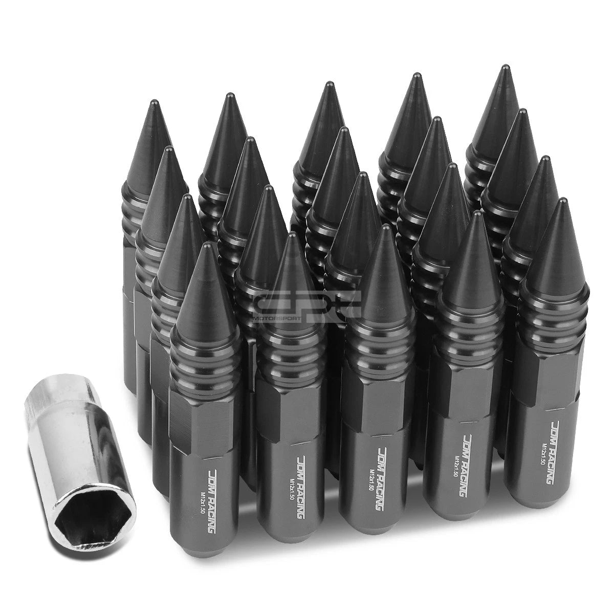 Set of 20 M12X1.5 107mm Tall Gun Metal Aluminum Spiked Lug Nuts + Adapter