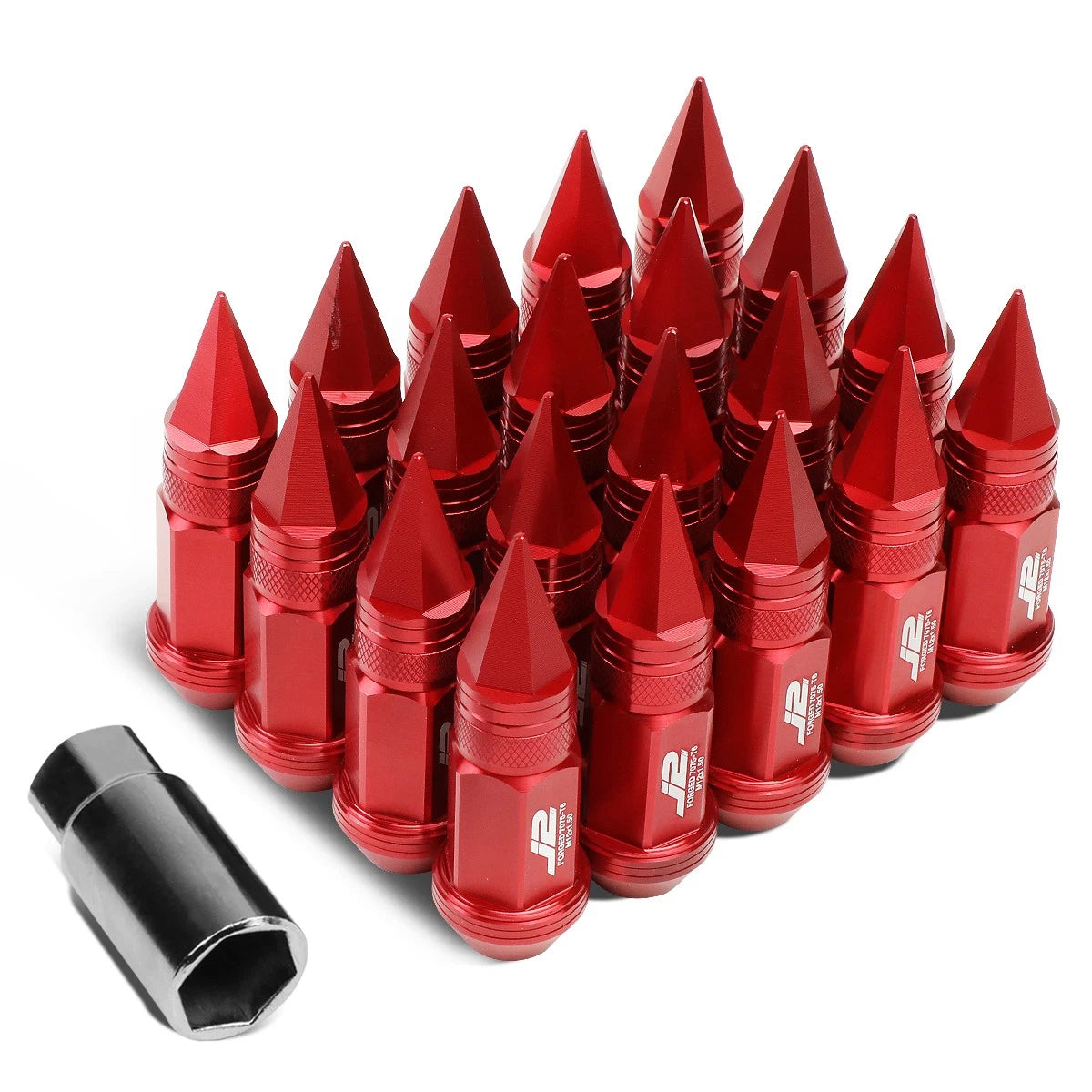 Set of 20 J2 7075 Forged Aluminum M12X1.5 Spiky Cap Lug Nuts w/Adapter Red