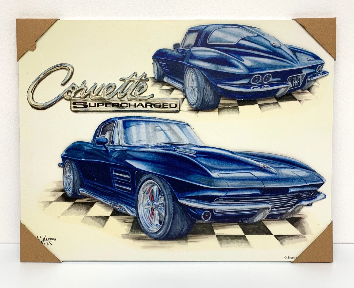 Custom Wood Sign with Blue 1963 Chevy C2 Supercharged Corvette Emblem 20x16