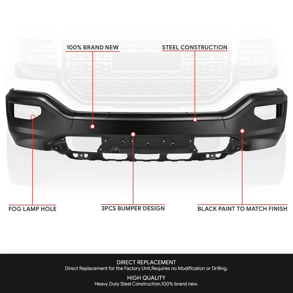 Front Bumper Face Bar for GMC Sierra 1500 Limited (2016–2019) Black w/o Sensor Holes