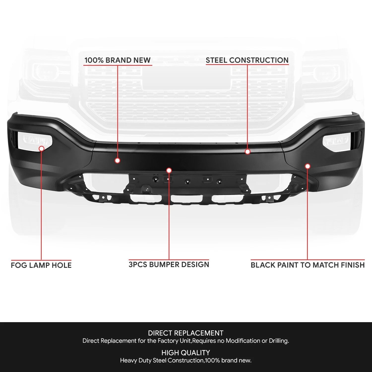 Front Bumper Face Bar for GMC Sierra 1500 Limited (2016–2019) Black w/o Sensor Holes