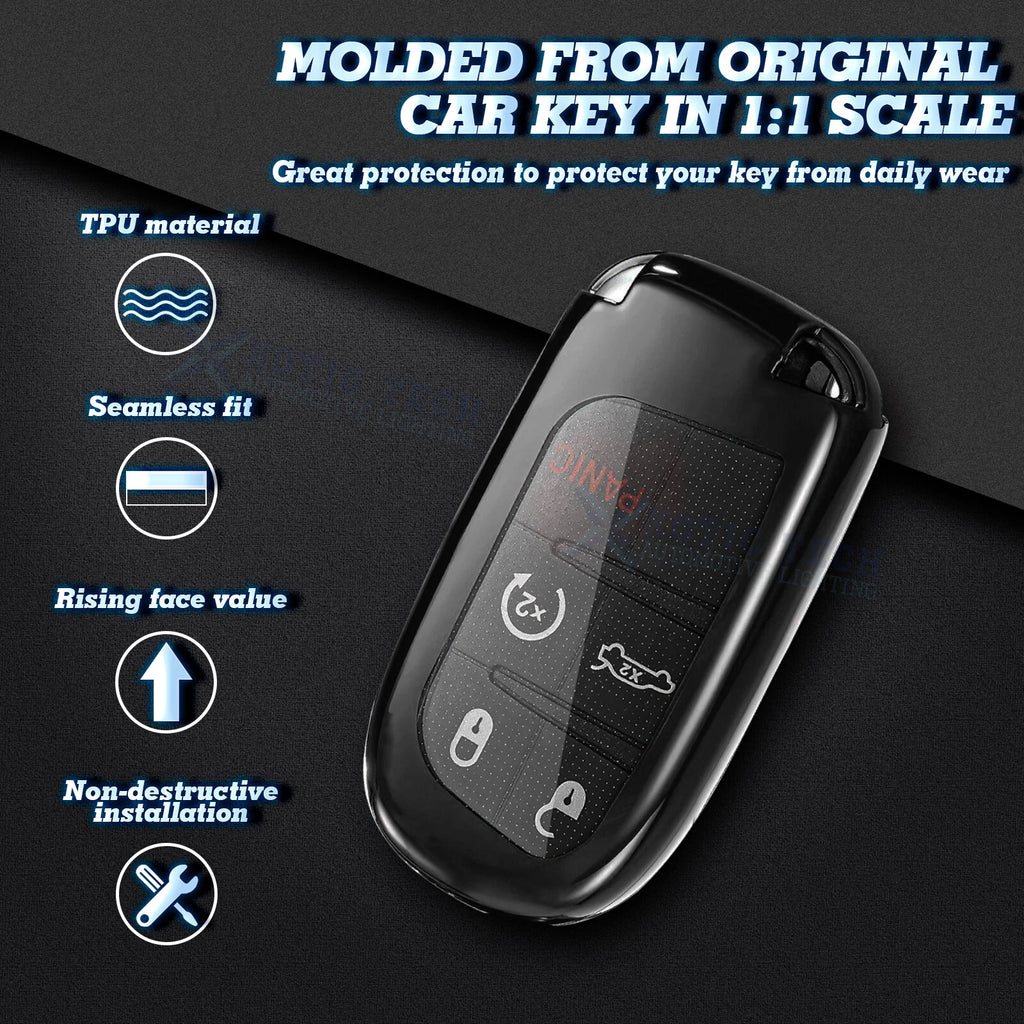 Remote Key Fob Shell Case for Dodge Jeep Chrysler (Glossy Black TPU) (2014-2024)