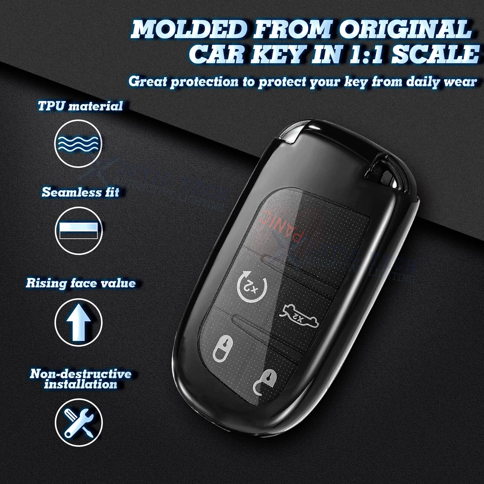 Remote Key Fob Shell Case for Dodge Jeep Chrysler (Glossy Black TPU) (2014-2024)