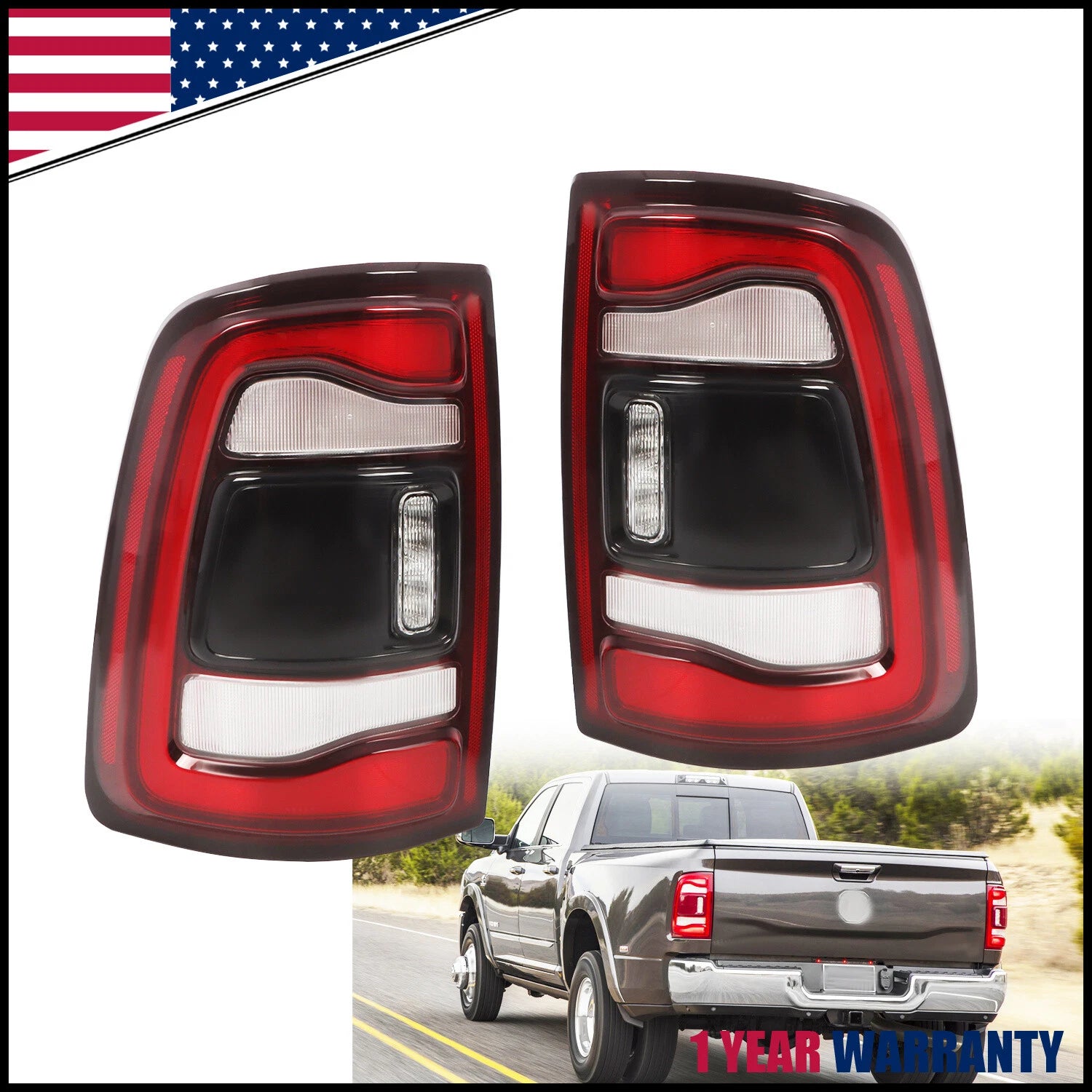 LED Tail Lights Pair for Dodge Ram 2500 3500 (2019–2024) - Black Bezel
