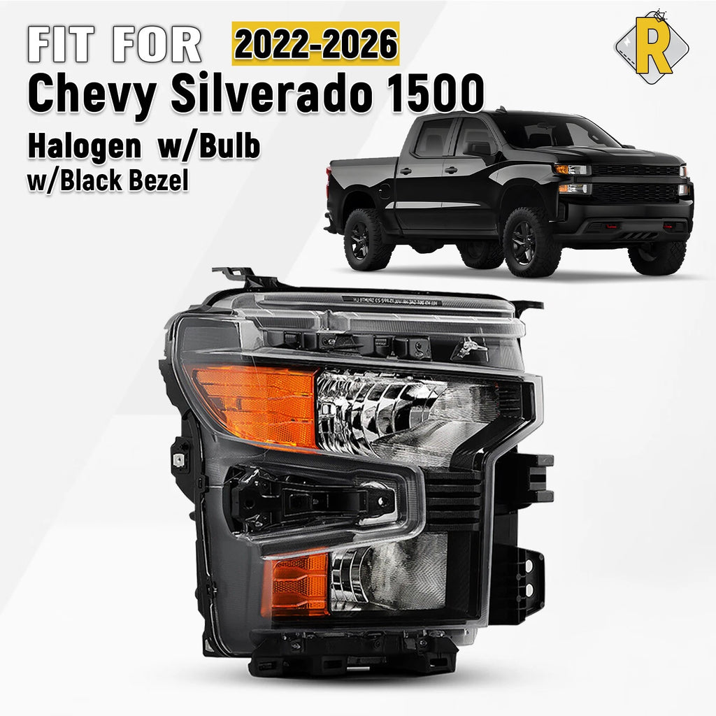 Halogen Headlight for Chevy Silverado 1500 (2022–2026) Black w/Bulb, Right