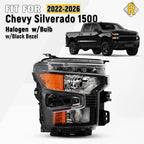 Halogen Headlight for Chevy Silverado 1500 (2022–2026) Black w/Bulb, Right