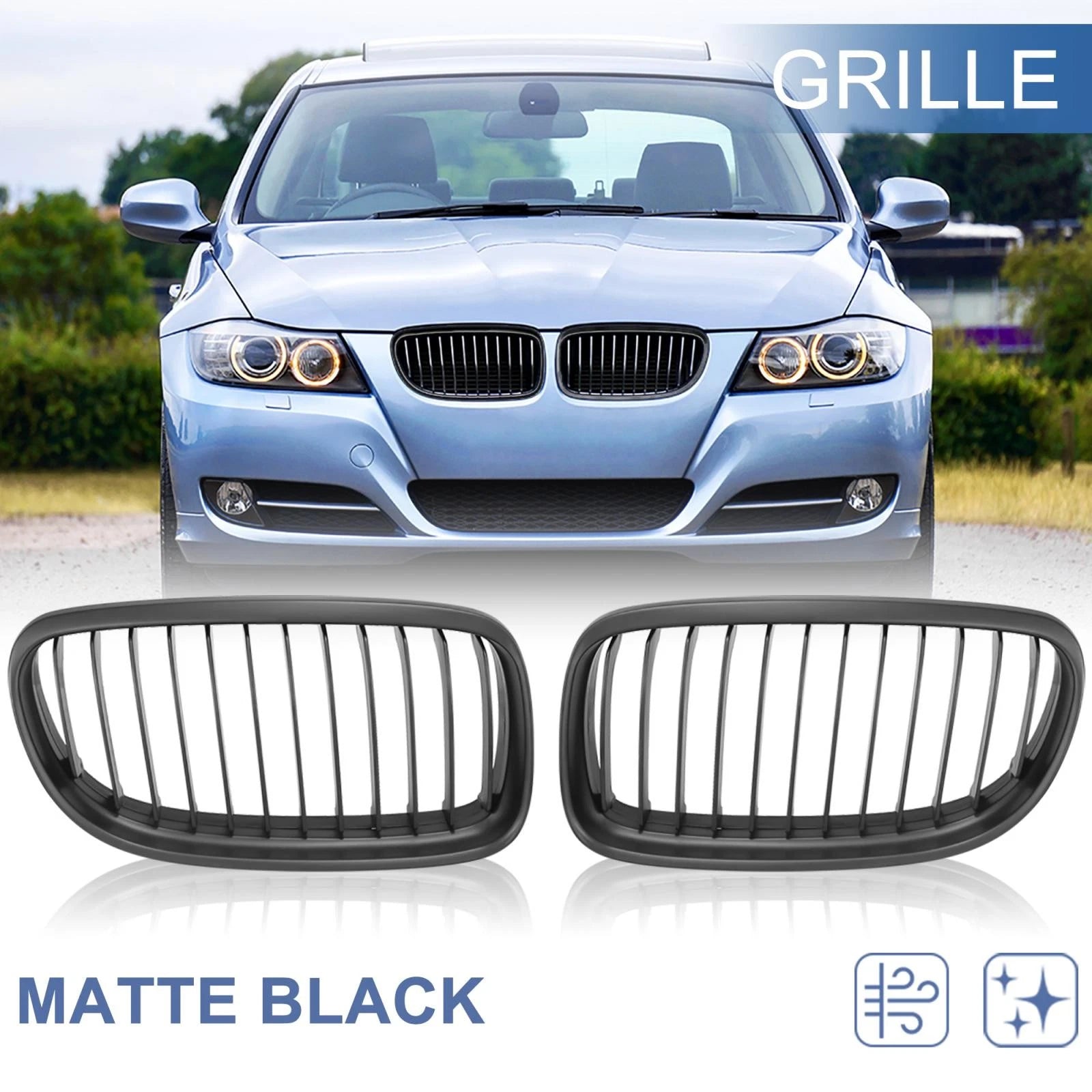 Pair Front Grille Matte Black Hood Kidney Grill for BMW E90 E91 (2009–2011)