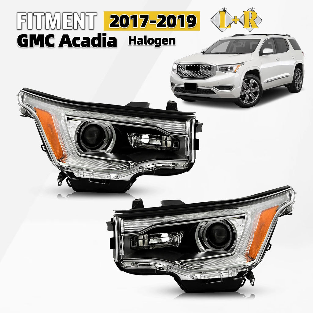 Halogen Headlight Pair for GMC Acadia SL (2017–2019) W/Bulb W/O LED DRL Chrome