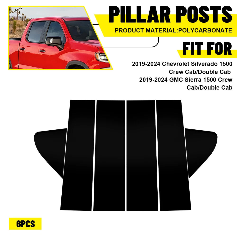 Black Pillar Post Window Door Trim Cover for Chevrolet Silverado 1500 (2019–2024)