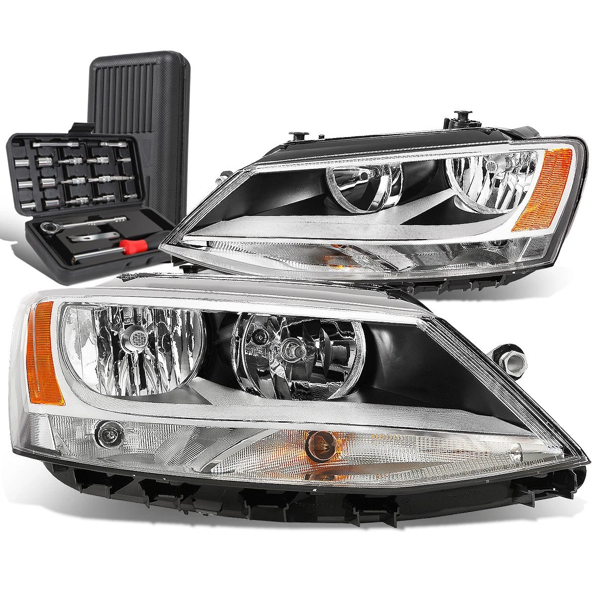 Pair of Chrome Housing Amber Side Headlights for Volkswagen Jetta (2011–2018)