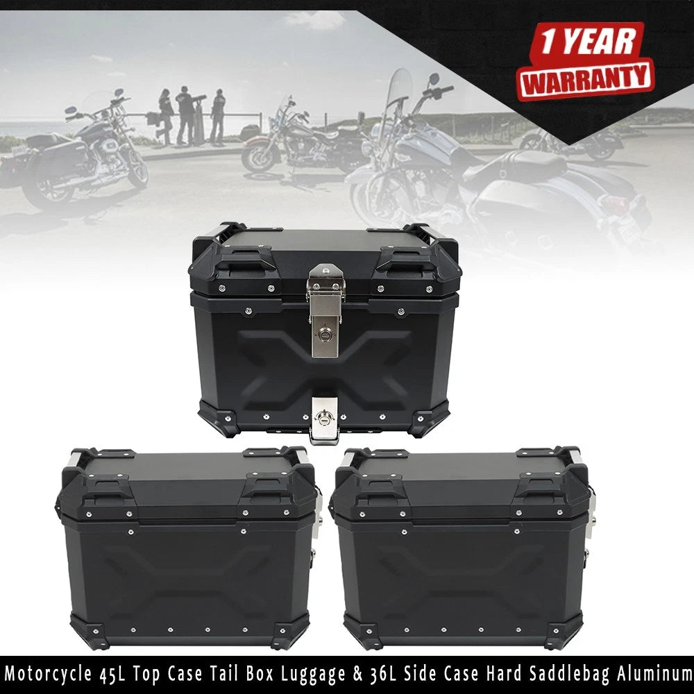 Set of 2 Motorcycle Top Case Tail Box & Side Hard Saddlebag (45L & 36L)