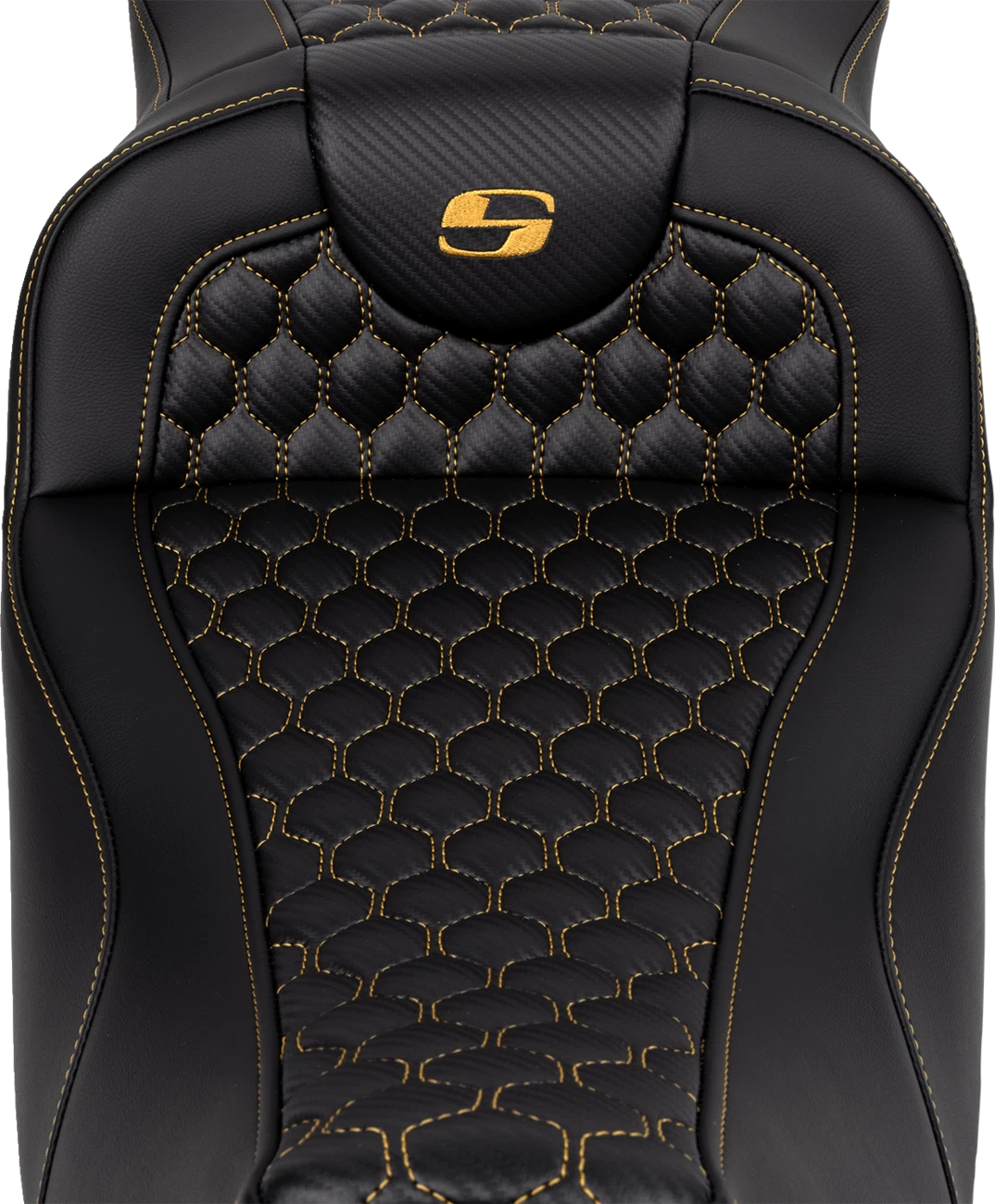 SADDLEMEN RoadSofa Seat for Harley Davidson (Extended Reach, Honeycomb, Gold Stitch)