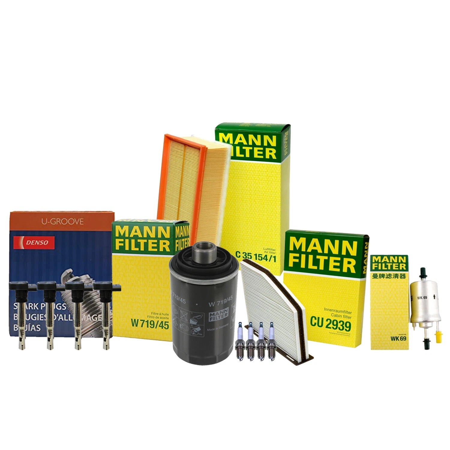 Set of 4 Mann Filters & 4 Denso U-Groove Spark Plugs for Audi VW 2.0