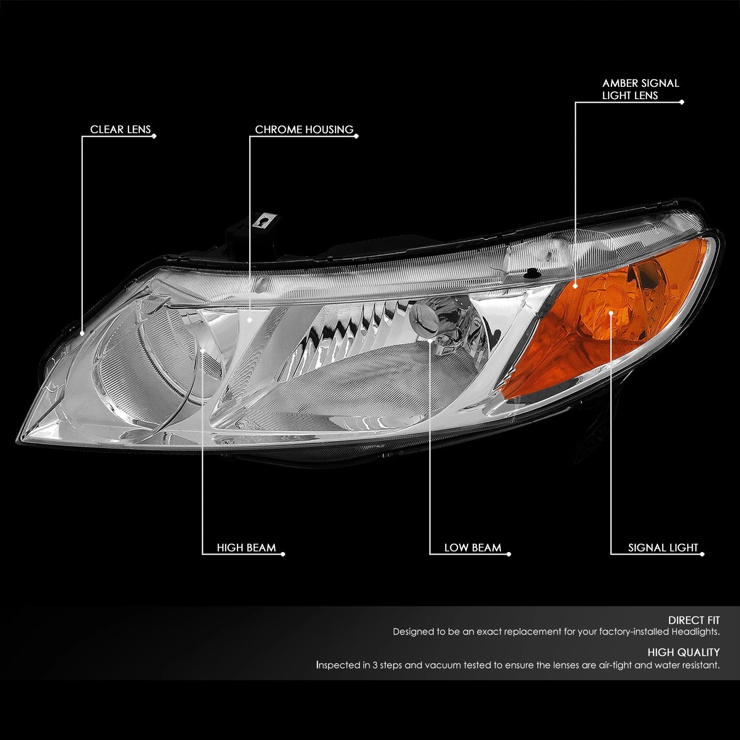 2X Headlight Head Lamp for Honda Civic Sedan (2006–2011) Chrome Housing Amber Side