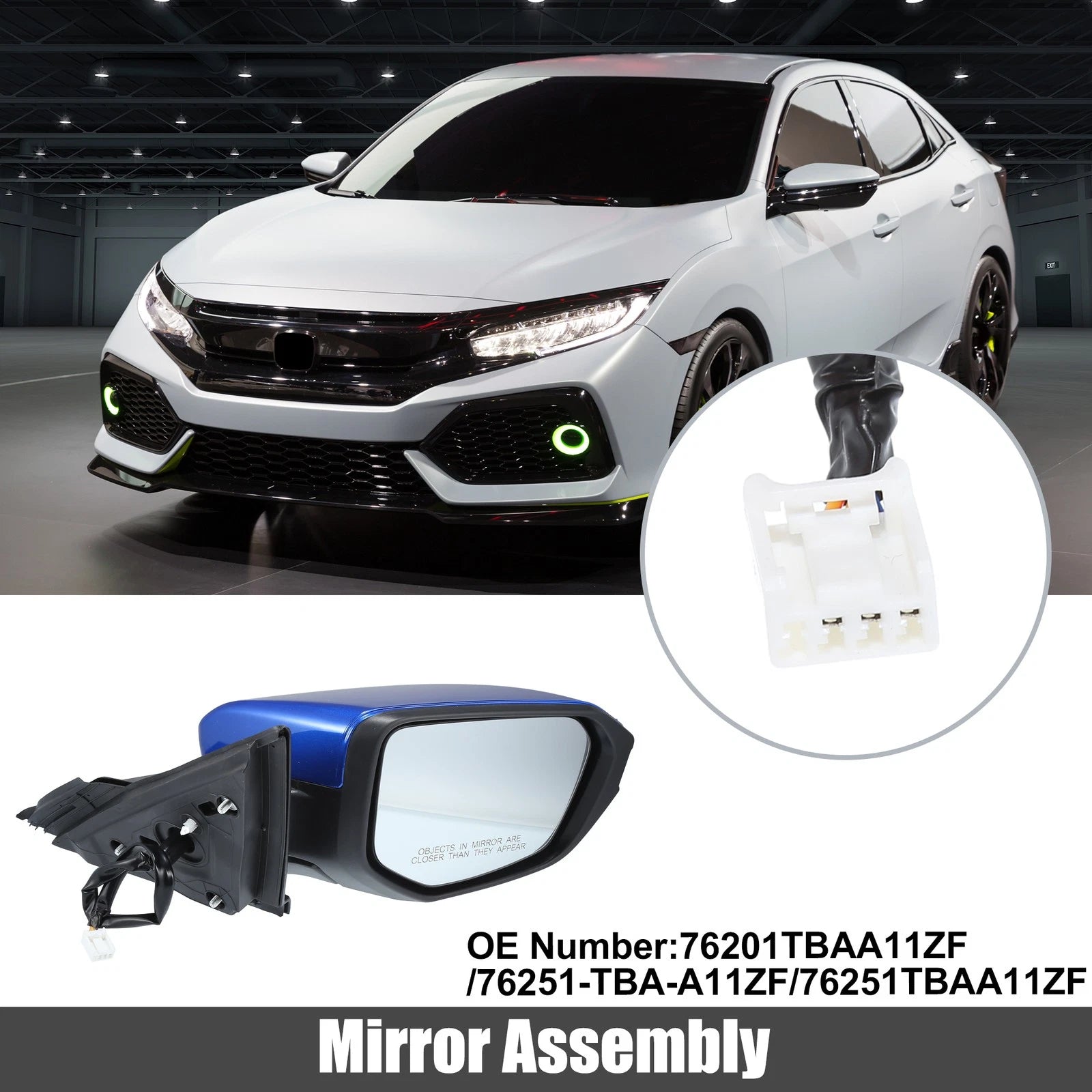 3 Pin Right Side Exterior Door Mirror Assembly for Honda Civic (2016–2021)