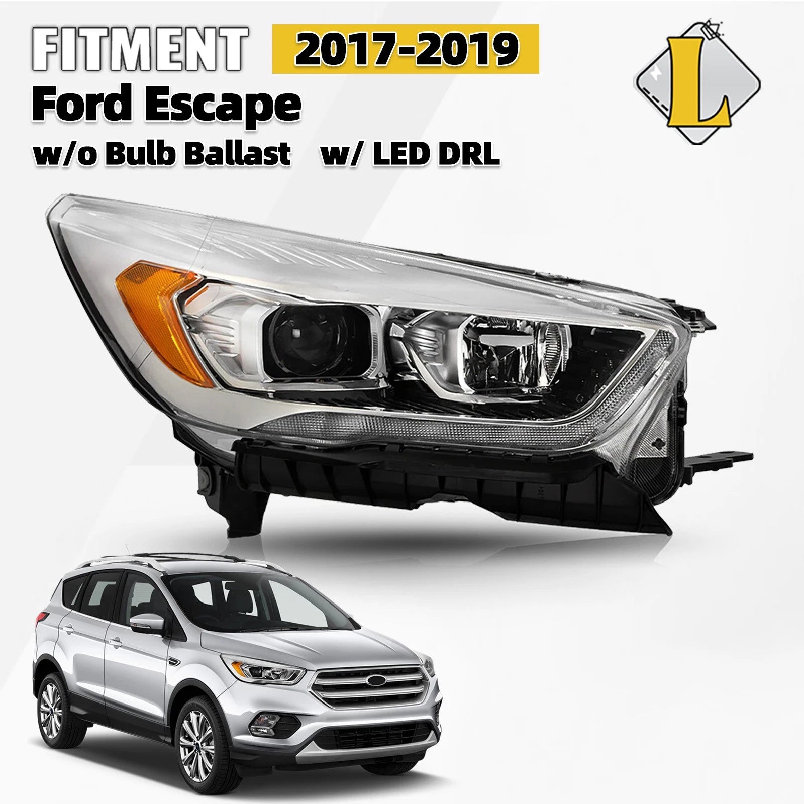 Right Side Headlight for Ford Escape (2017–2019) (HID, LED Accent) RH
