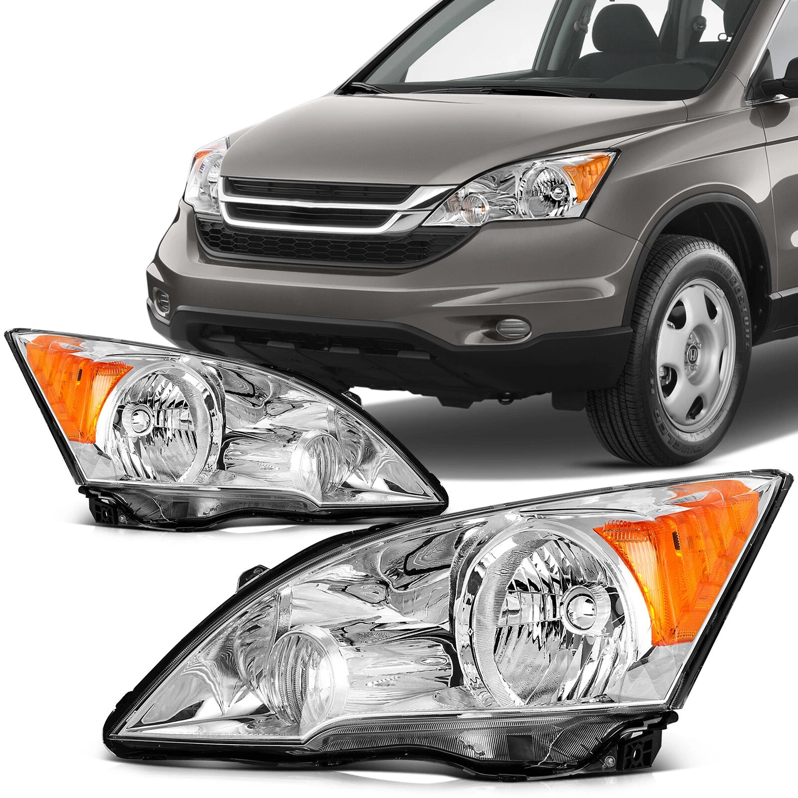 Headlight Assembly Set of 2 for Honda CR-V (2007–2011) Chrome Housing