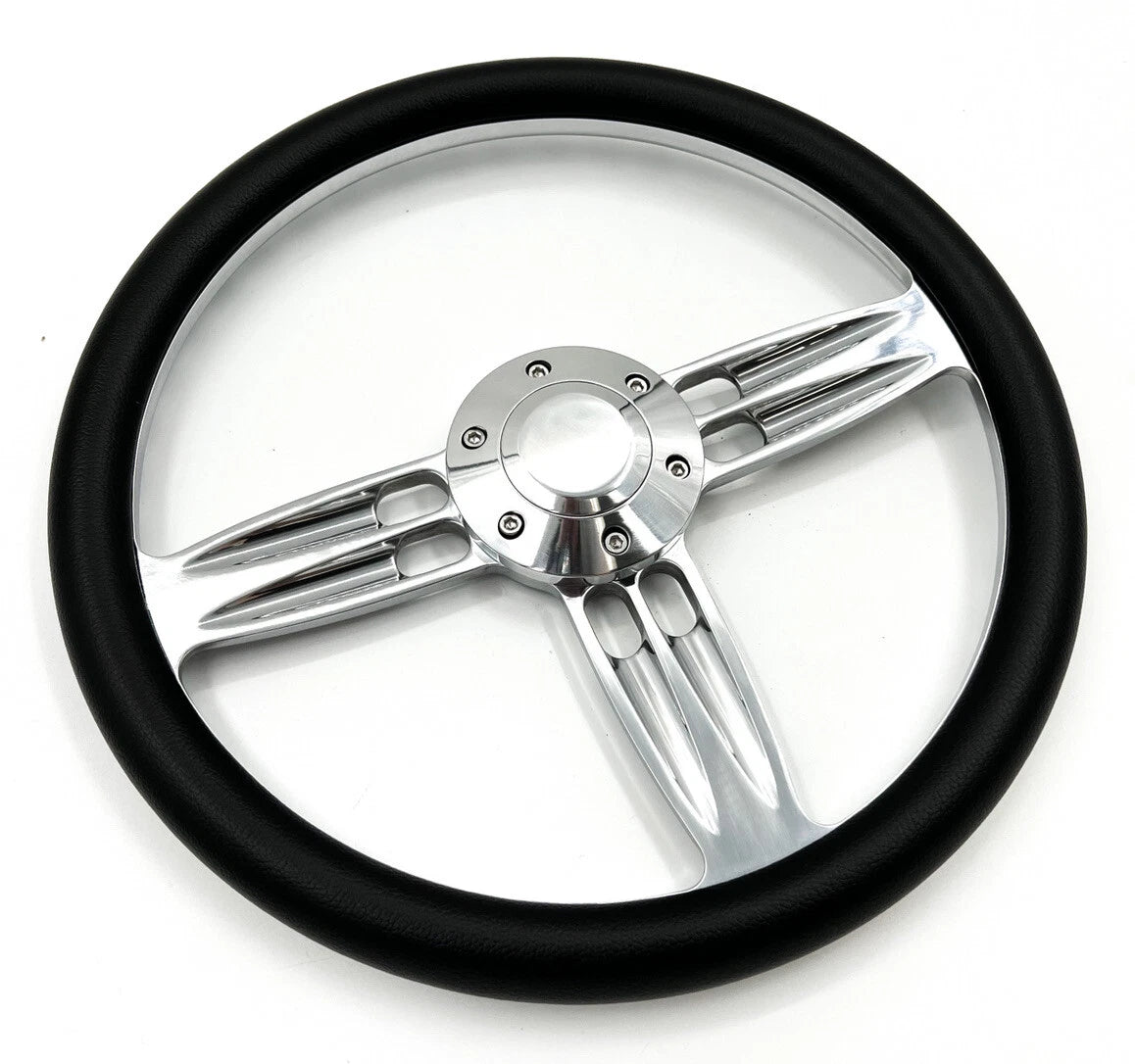 14 Inch Polished Black Steering Wheel with Plain Horn and Adapter for A01
