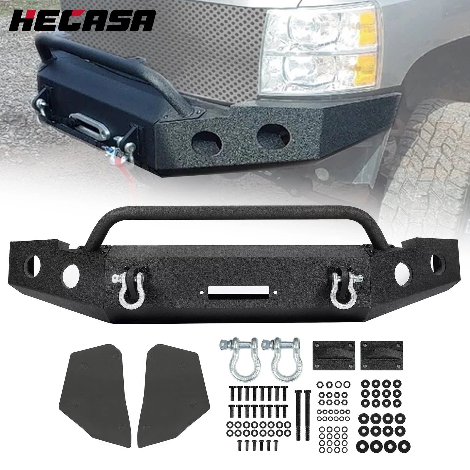 Front Bumper Steel for Chevy Silverado 1500 (2007–2013) w/Winch Plate, Light Hole