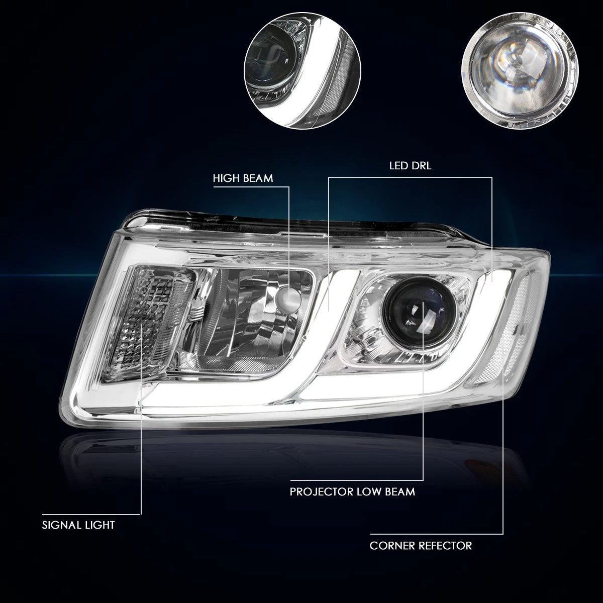 LED DRL Bar Projector Headlight for Jeep Grand Cherokee (2014–2016) Chrome/Clear