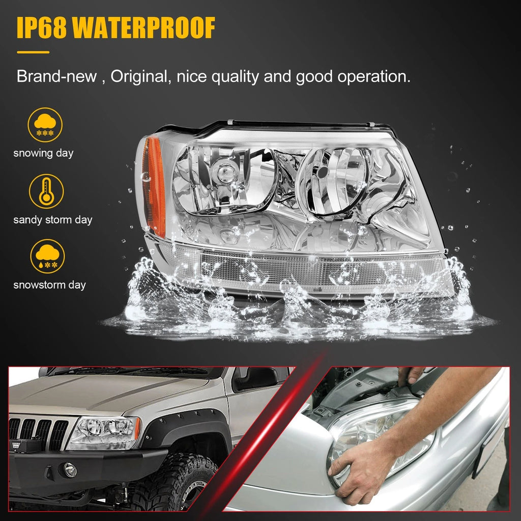 2X Headlight Assembly for Jeep Grand Cherokee (1999–2004) Chrome Housing
