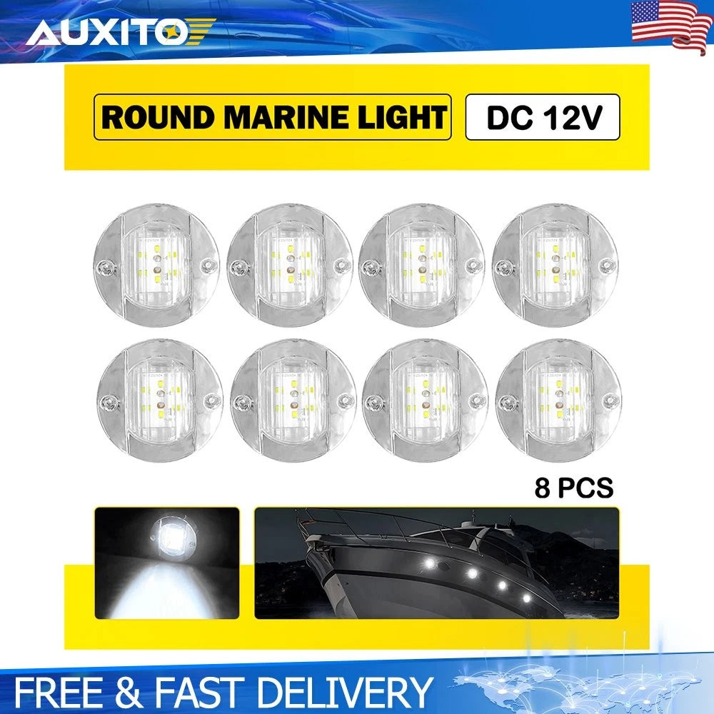 8Pcs White Round LED Navigation Lights for Marine Boat (12V)