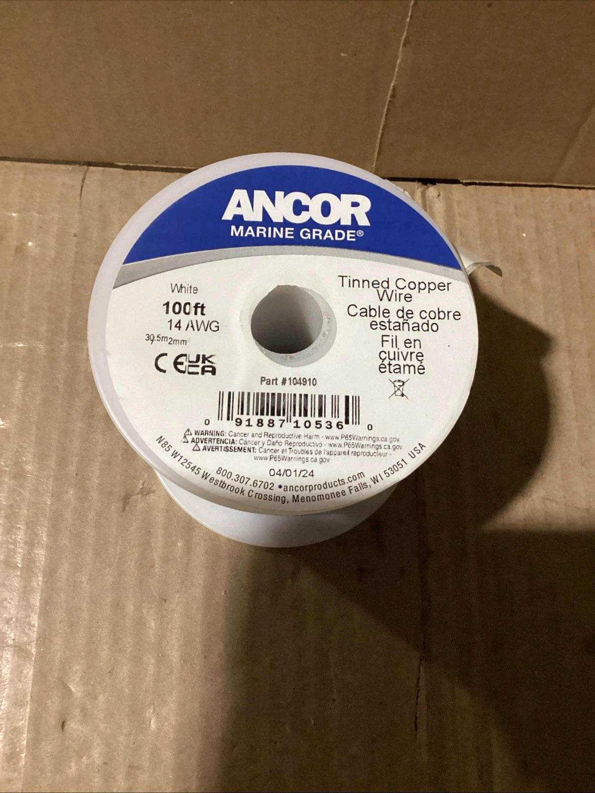 100ft Spool of White 14 AWG Tinned Copper Wire for Ancor 104910