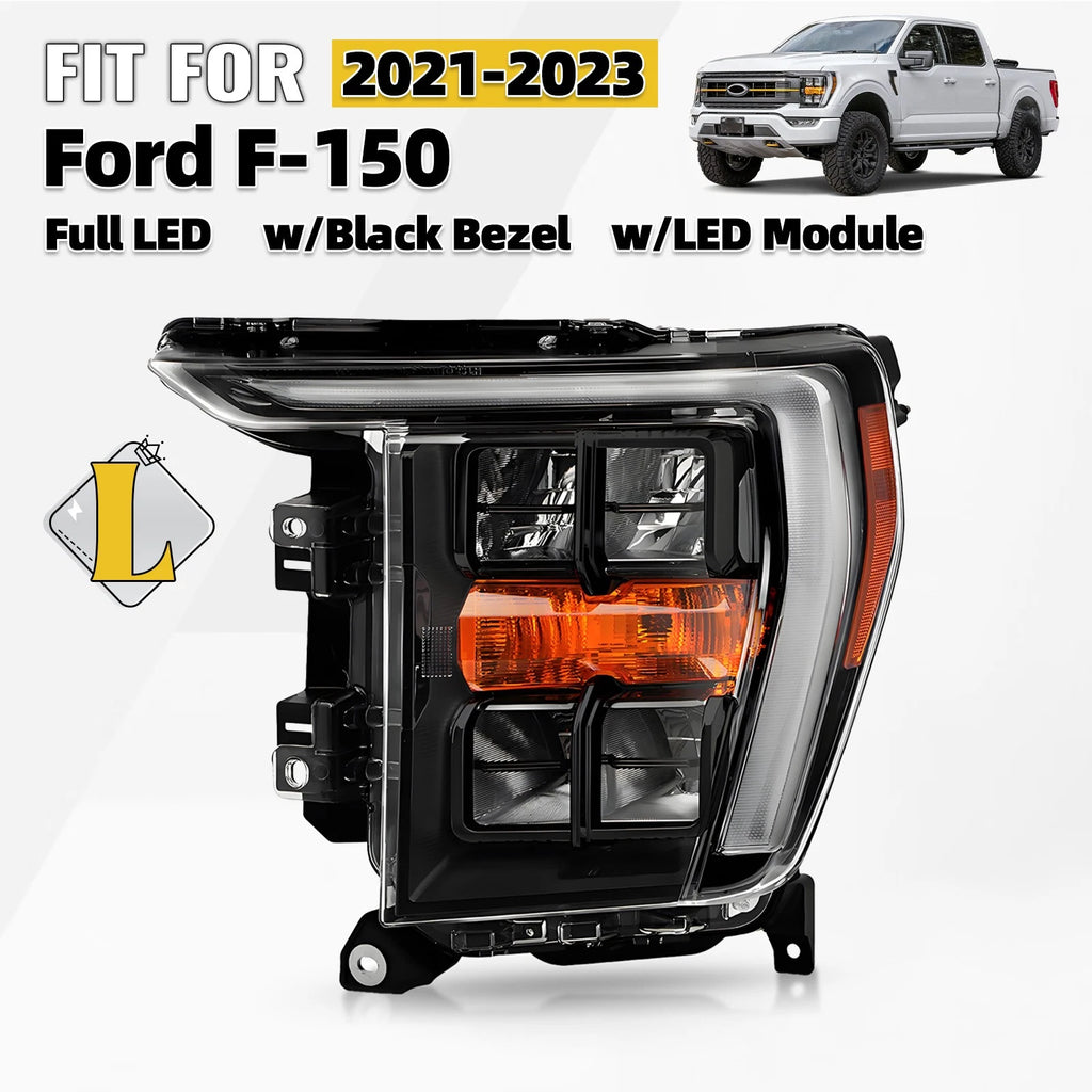 Full LED Headlight for Ford F-150 (2021–2023) Driver Side, Black Bezel
