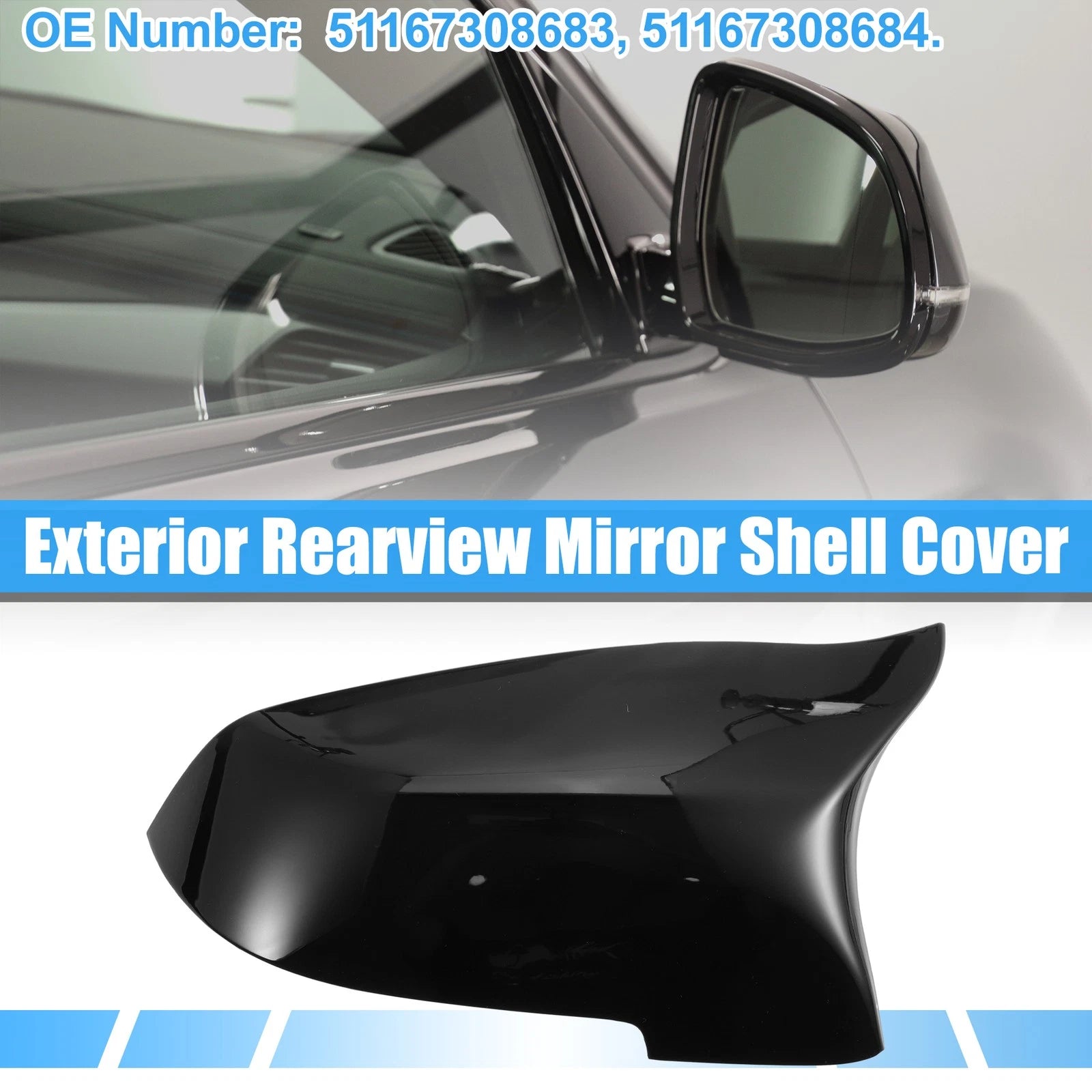 Pair Rear View Mirror Cover Shell Trim for BMW 528i (2011–2016) Bright Black